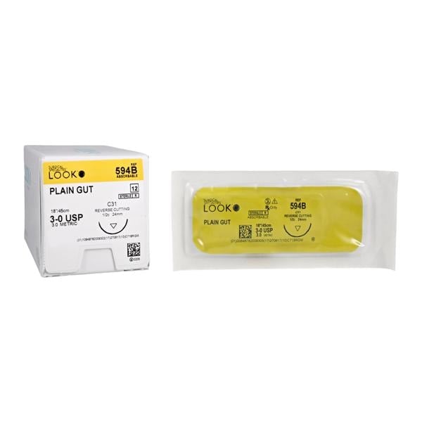 Sharpoint Suture 3-0 18" Plain Gut Absorbable C-31 Reverse Cutting 1/2 Circle Needle 24mm Beige 12/Box