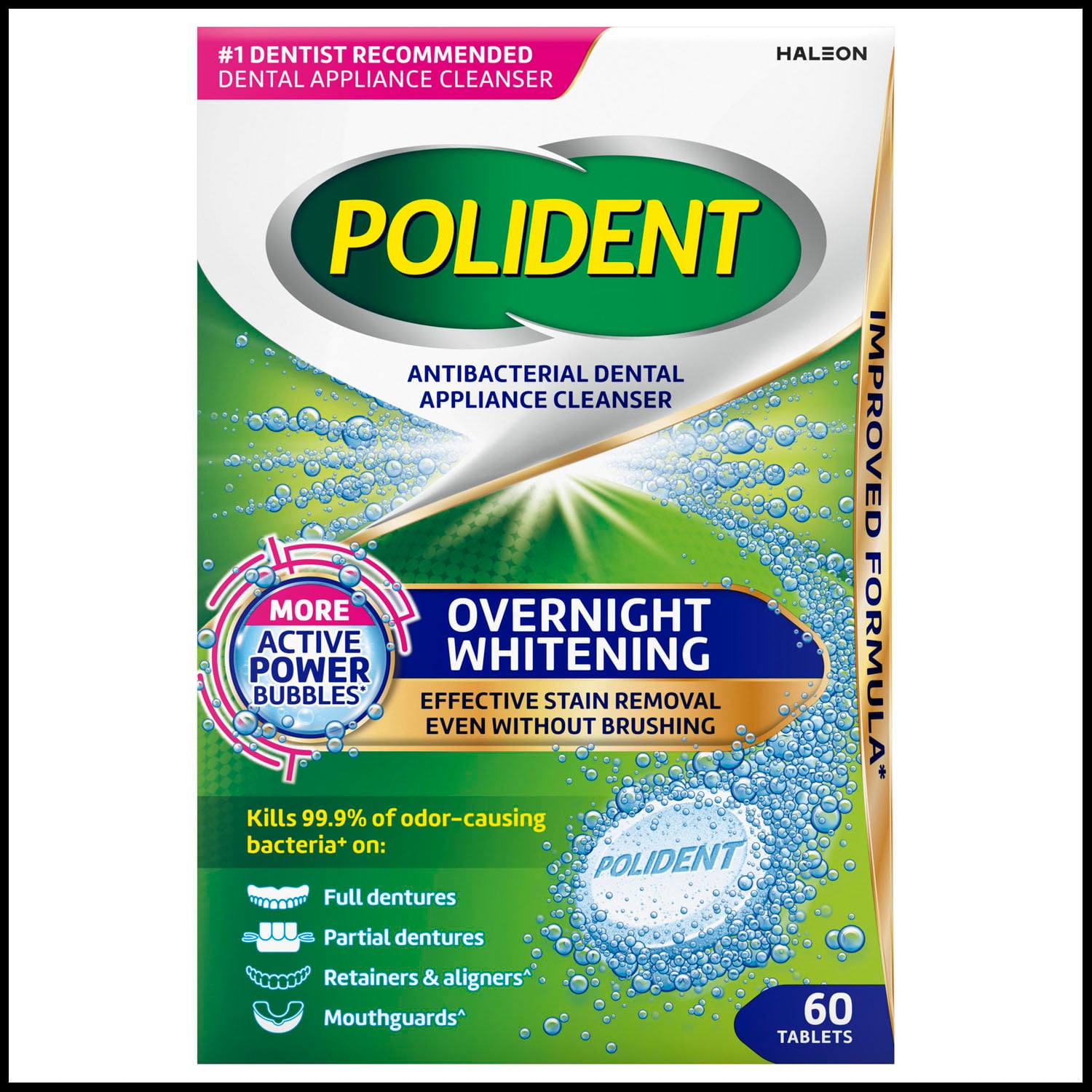 Polident Overnight Whitening Antibacterial Dental Appliance Cleanser Tablets, 30/Box, 12 Boxes/Case