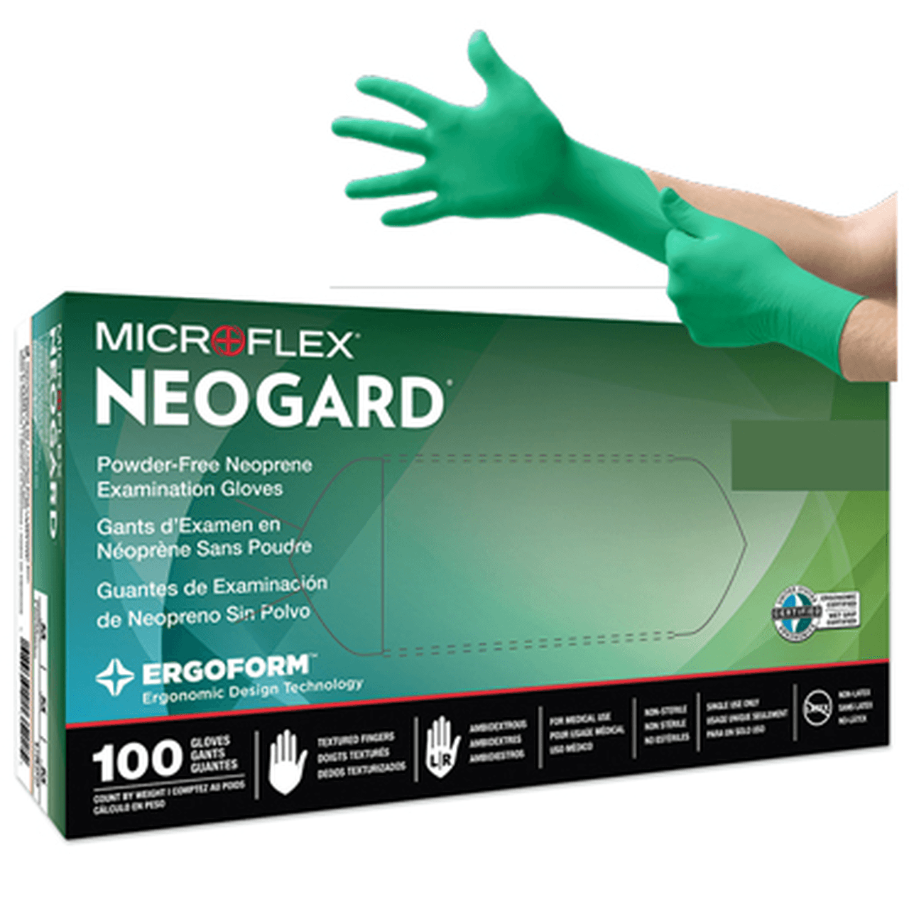 Microflex Neogard Chloroprene Examination Gloves, Powder-Free, Non-Sterile, Large, Green, 100/Box, C523