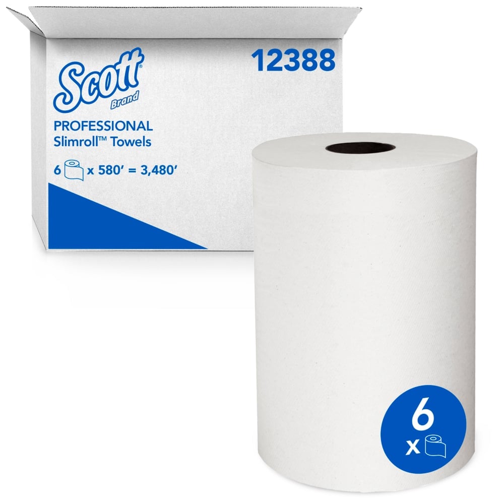 Scott Slimroll Hard Roll Towels, White, 8" x 580', 6 Rolls/Case, 12388