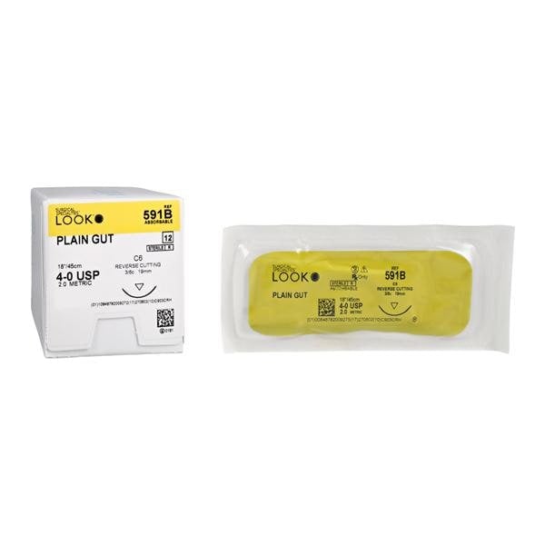 Look Plain Gut Sutures, 4-0, 18", C-6 Needle, 3/8 Circle, Reverse Cutting, Absorbable, Beige, 12/Box, 591B