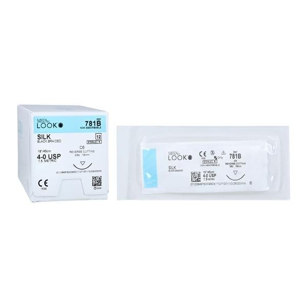 Look Silk Black Braided Sutures, 4-0, 18", C-6 Reverse Cutting Needle, 3/8 Circle, 12/Box, 781B