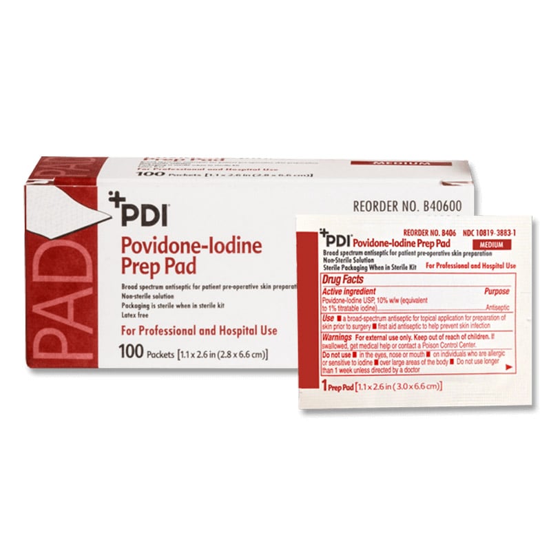 PDI PVP Iodine Prep Pad, Medium, 1.1875" x 2.625", 10% USP Povidone-Iodine, 100/Box, B40600