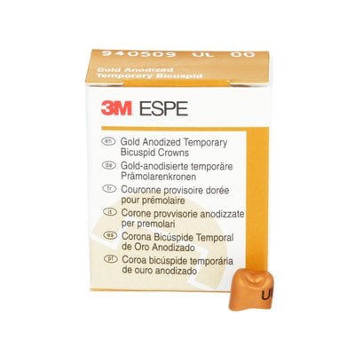 3M Gold Anodized Temporary Bicuspid Crowns, Upper Left First Bicuspid, Size 00, 5/Box, 940509