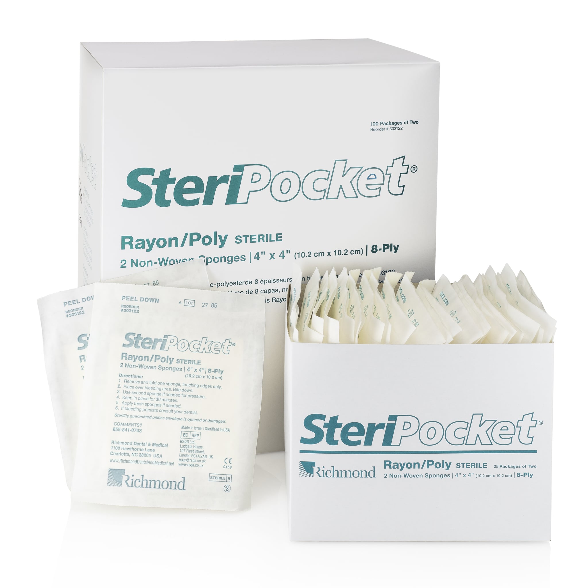 SteriPocket Rayon/Poly Non-Woven Sponges, Sterile, 8-Ply, 4" x 4", 100/Box x 2/Pk, 303122