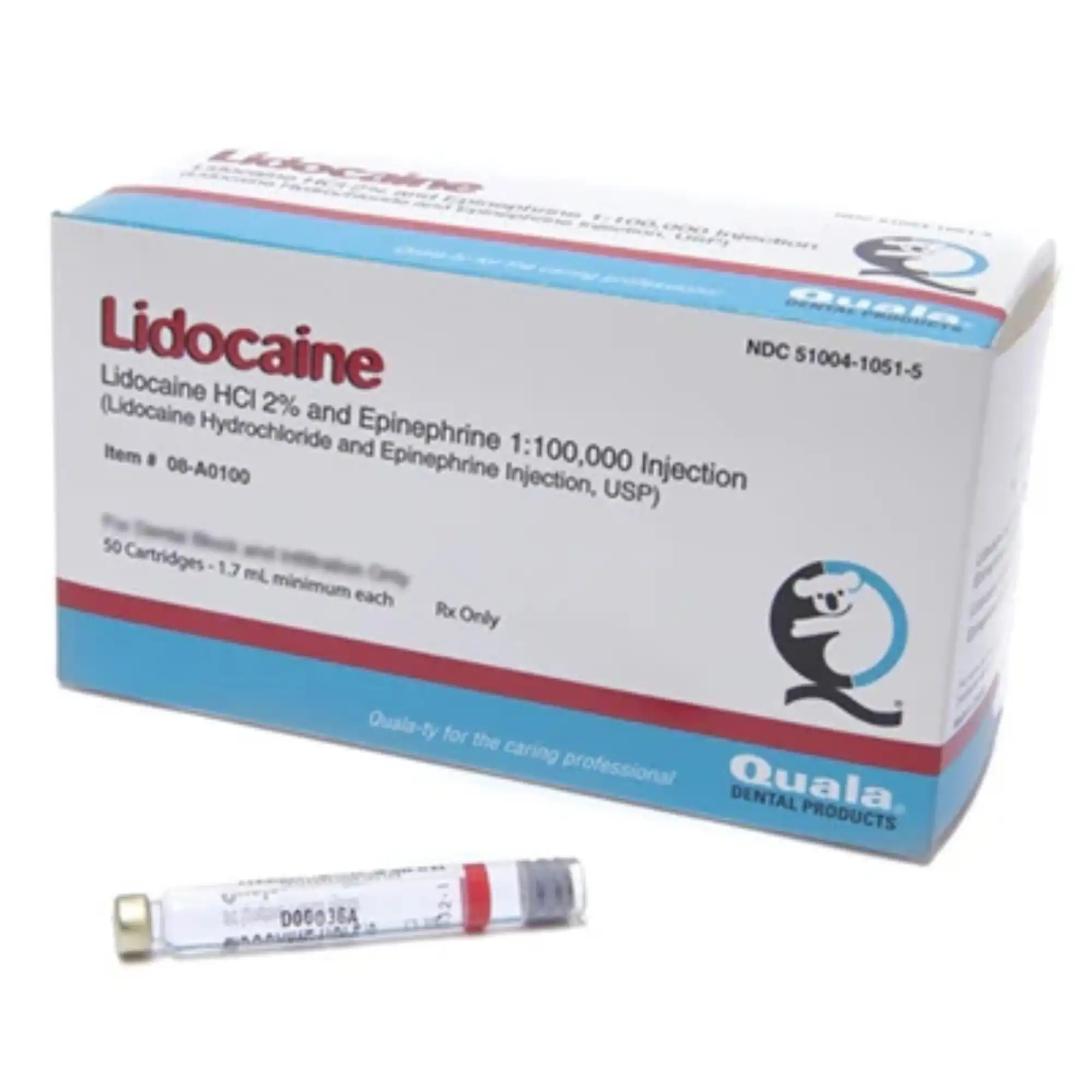 Quala Lidocaine HCl 2% with Epinephrine 1:100,000 Injection, 1.7 mL Dental Cartridges, 50/Box