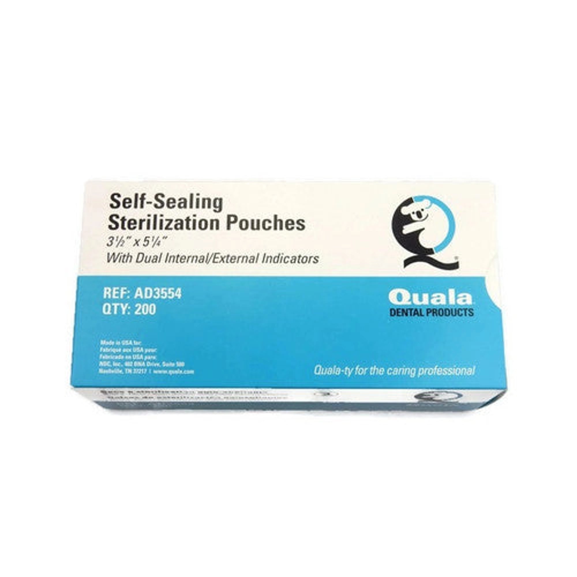 Quala Self-Sealing Sterilization Pouches, 3.5" x 5.25", Paper/Blue Film, Dual Indicators, 200/Bx, AD3554