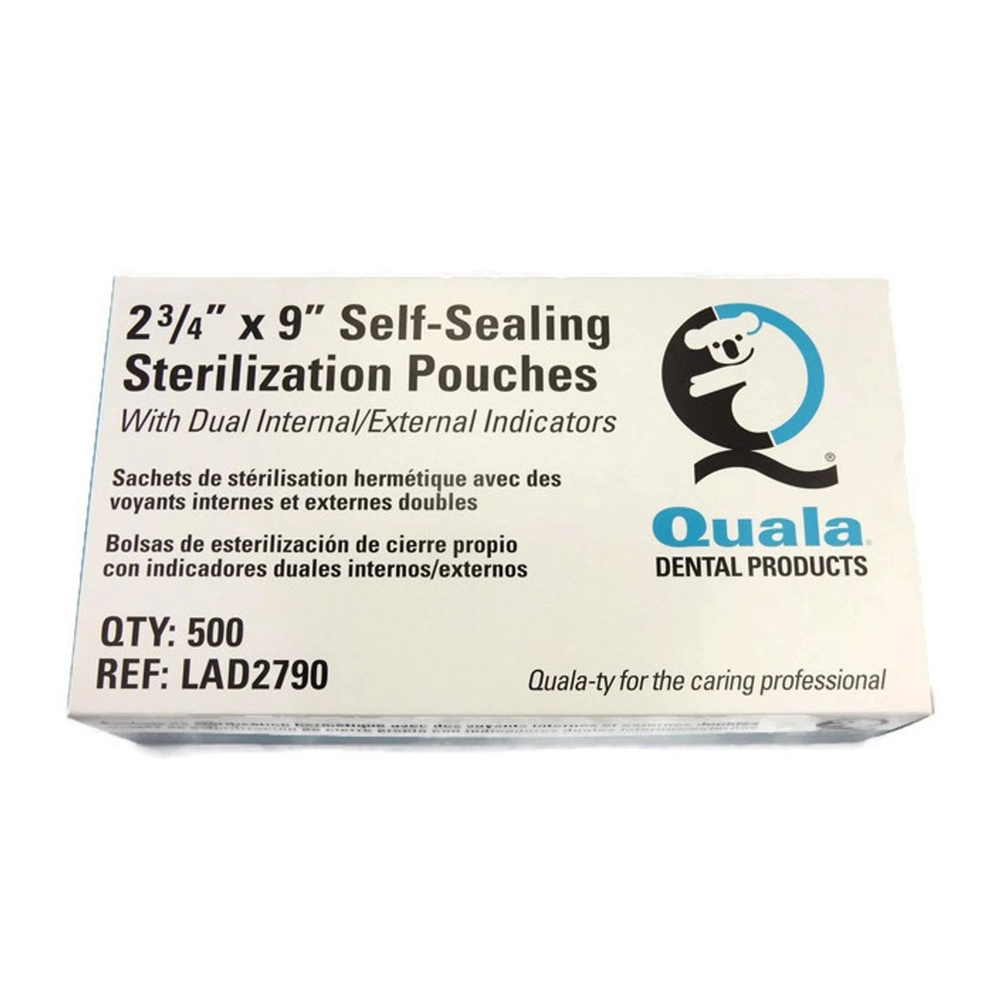 Quala Self-Sealing Sterilization Pouches, 2.75" x 9", Paper/Blue Film, Dual Internal & External Indicators, 500/Bx