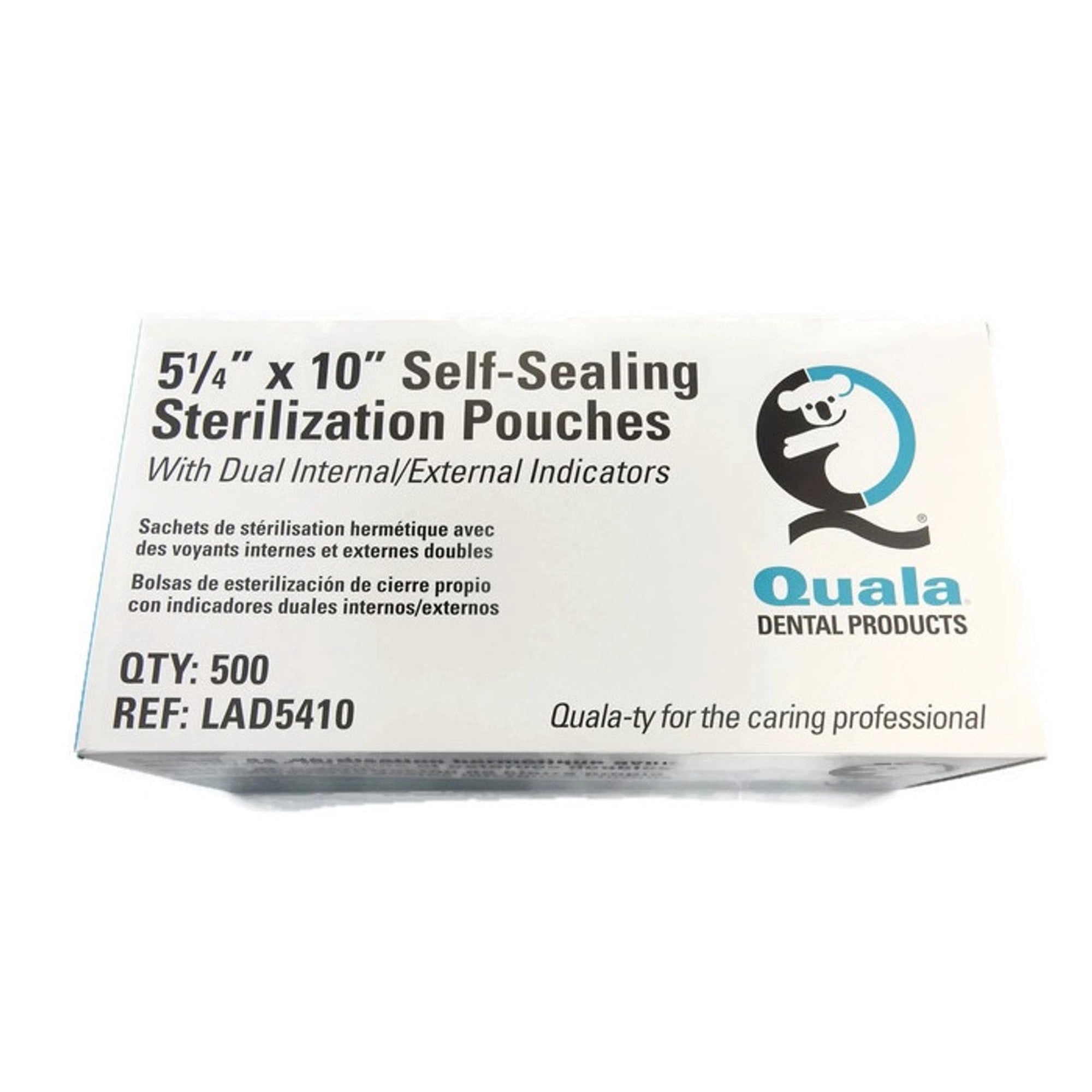 Quala Self-Sealing Sterilization Pouches, 5.25" x 10", Paper/Blue Film, Dual Indicators, 500/Bx