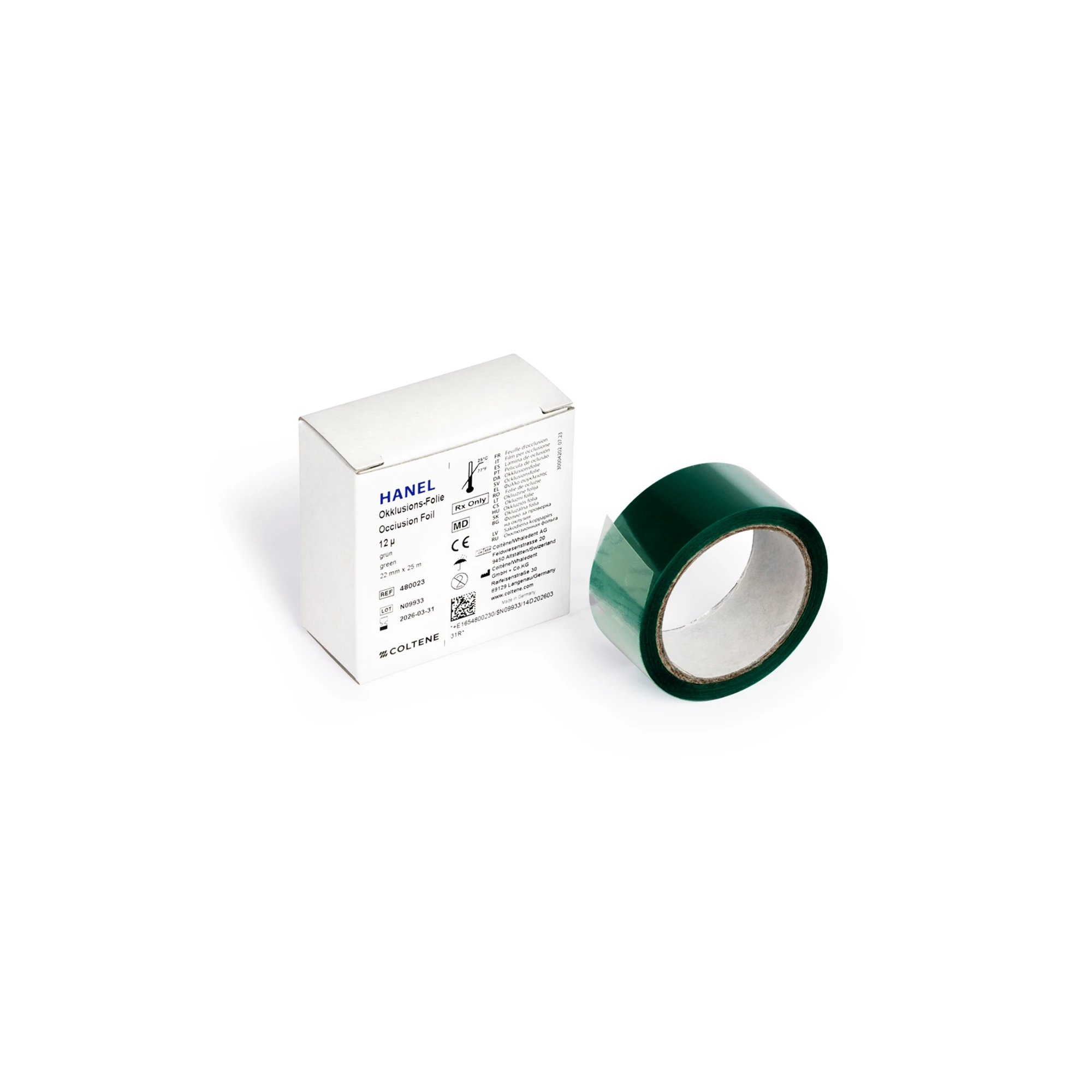 Hanel Occlusion Foil, One-Sided, Green, 12 Microns, 22 mm x 25 m Roll, 480023