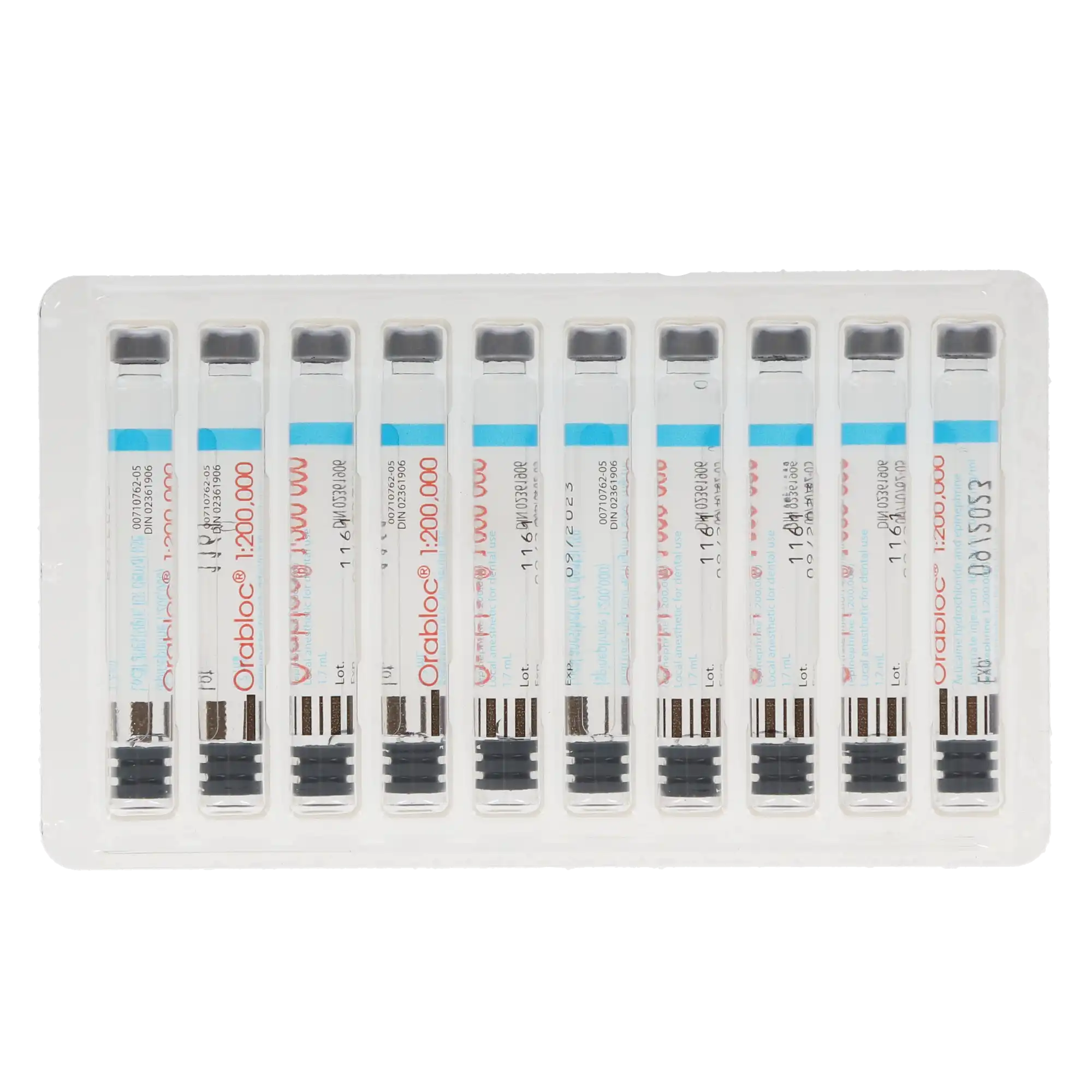 Orabloc Articaine HCl 4% with Epinephrine 1:200,000 Injection Cartridges, 1.7 mL, Blue, 50/Pk, 2101052