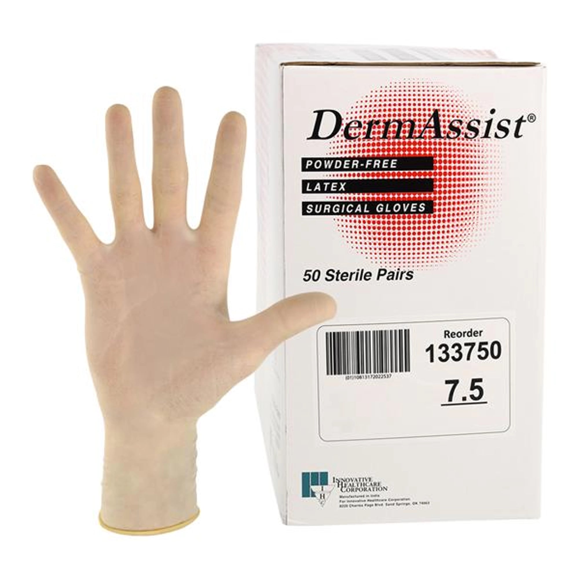 Dermassist Sterile Powder-Free Latex Surgical Gloves, Size 7.5, Textured Finish, 50 Pairs/Box, 133750