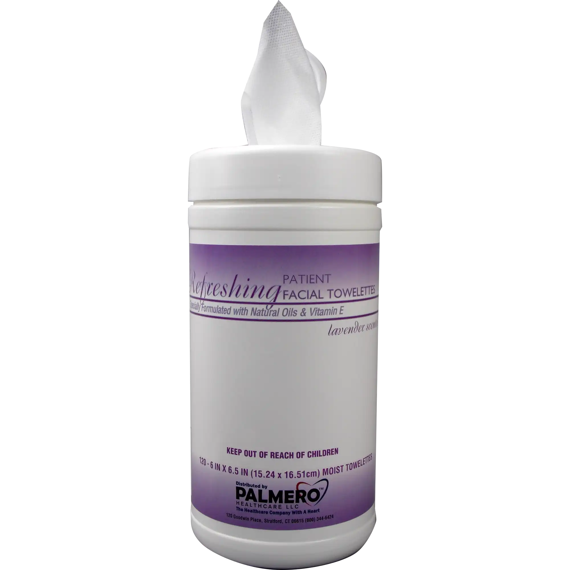 Palmero Refreshing Patient Facial Towelettes, 6" x 6.75", Lavender Scent, 140/Canister, 3515