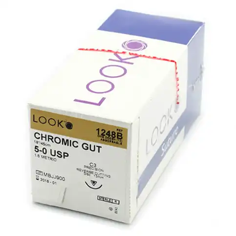 Look Chromic Gut Suture, 5-0, 18"/45cm, C-3 Needle, 3/8 Circle, Precision Reverse Cutting, 12/Box, 1248B