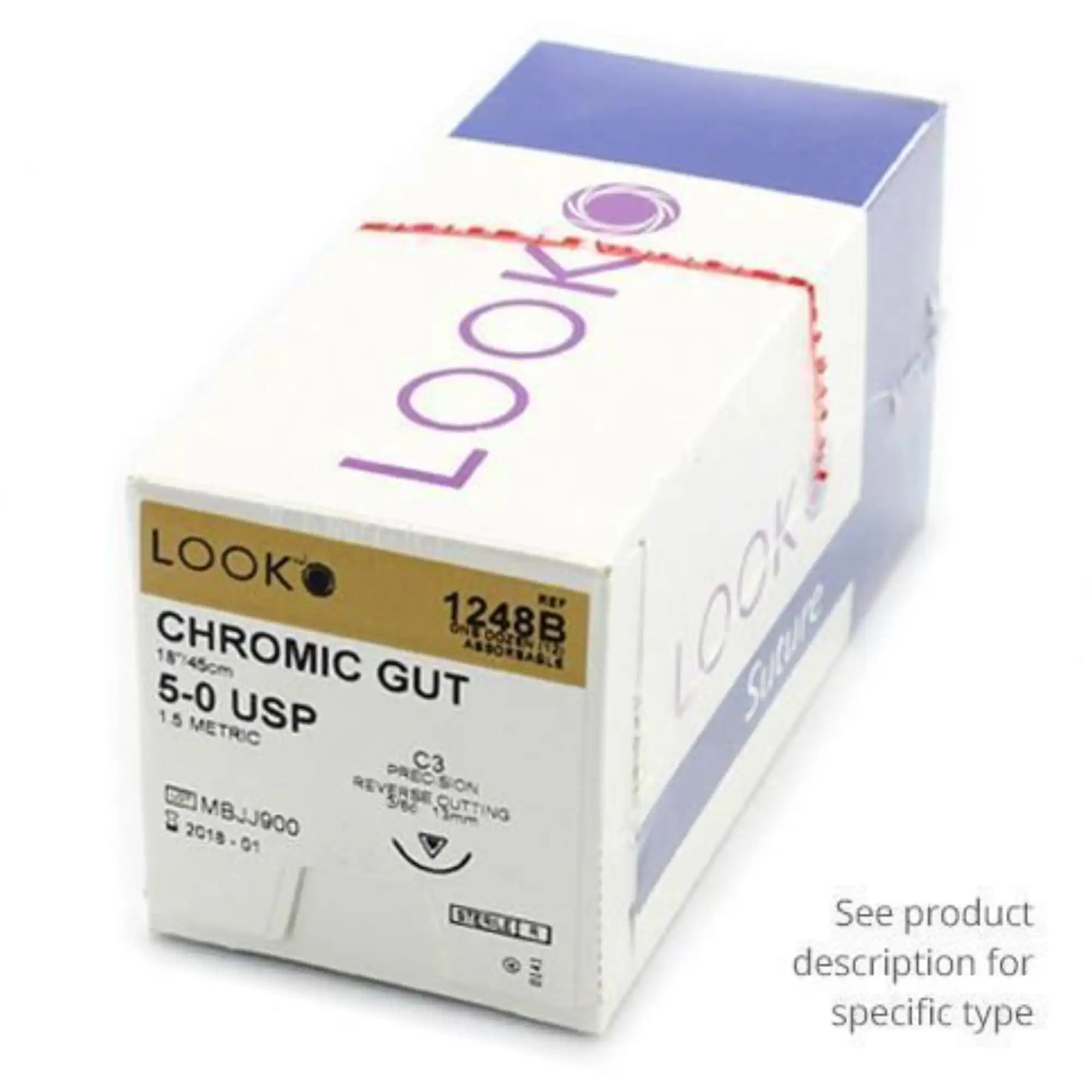 Look Chromic Gut Suture, 4-0, 18"/45 cm, C26 Needle, 1/2 Circle, Reverse Cutting, 12/Pk, 544B