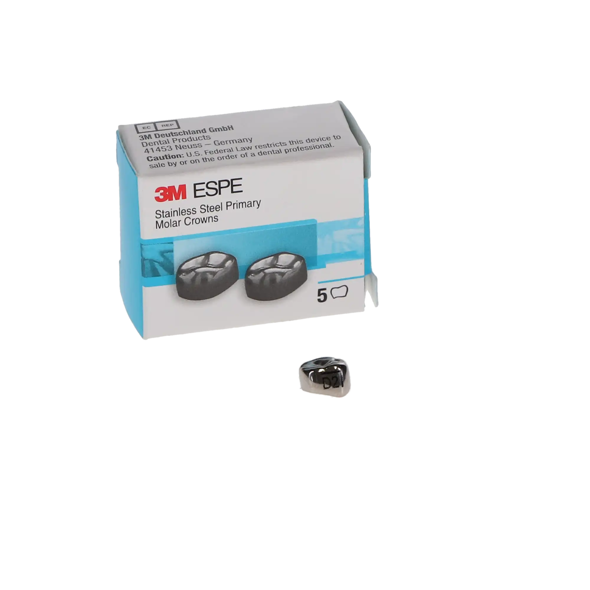 3M ESPE Stainless Steel Primary Molar Crown, First Primary Molar, Lower Right, Size DLR2, 5/Box, D-LR-2