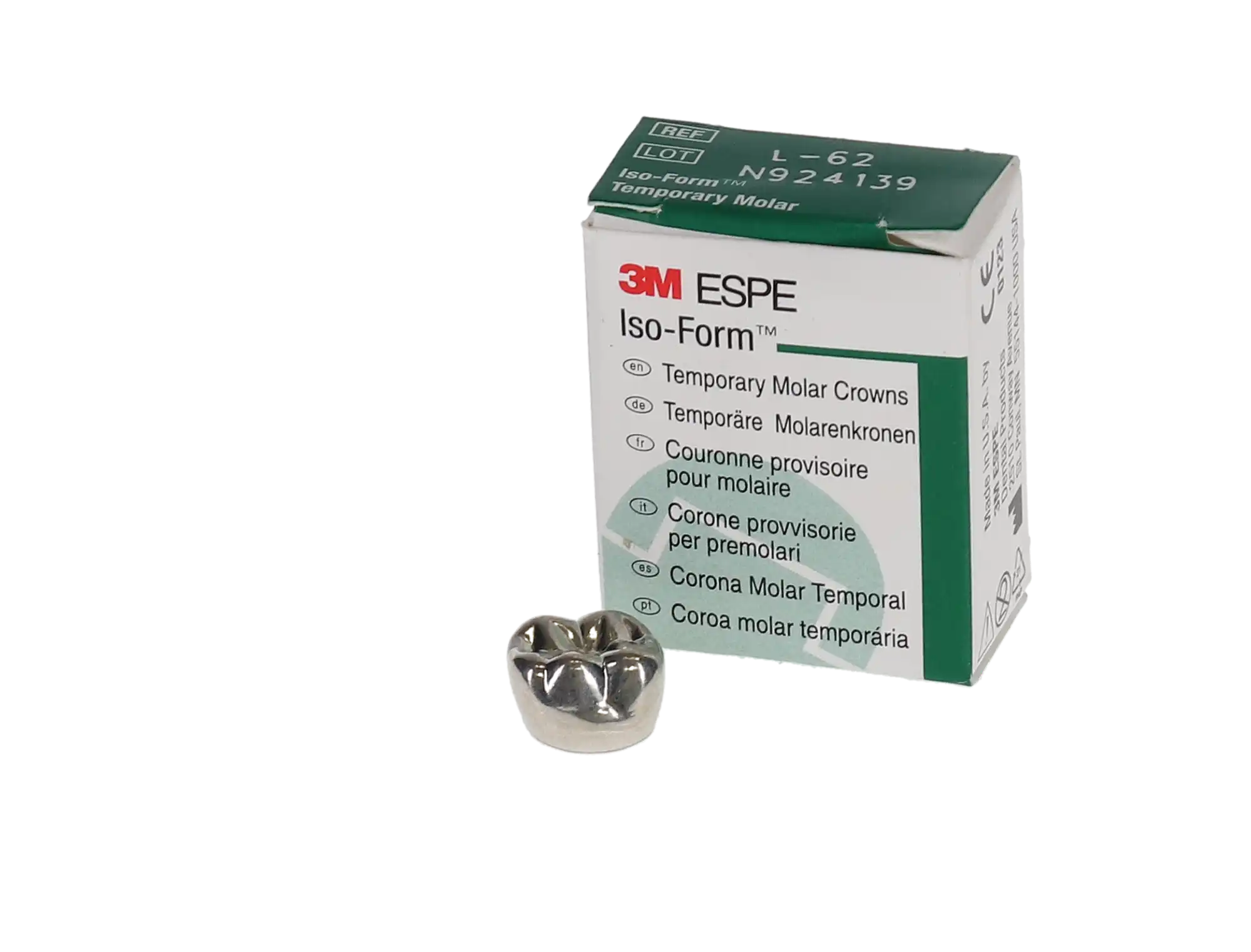 3M Iso-Form Temporary Tin-Silver Molar Crowns, Lower Right First Molar, Size L62, 5/Box, L62