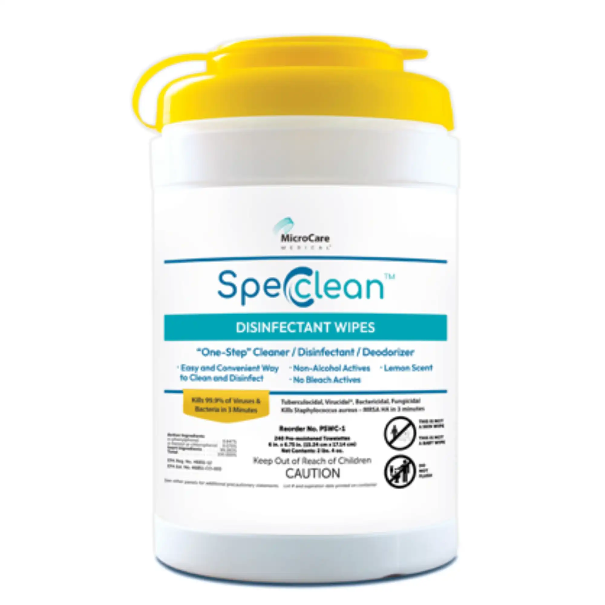 Spec Clean Disinfectant Wipes, 6" x 6.75", 240 Wipes/Canister, Lemon Scented, Alcohol-Free, PSWC-1