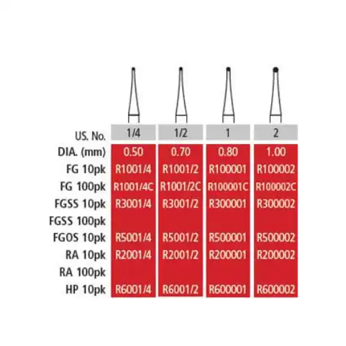 Alpen Operative Carbide Burs, FG, Round, #2, 1.0 mm, 100/Pk, R100002C