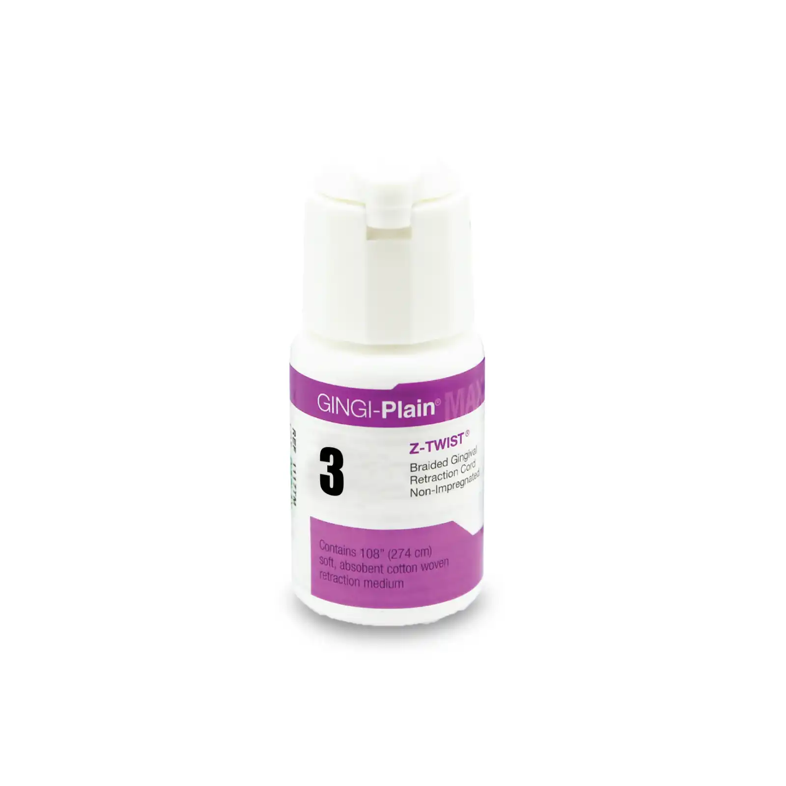 Gingi-Plain® MAX Z-Twist® Weave Non-Impregnated Retraction Cord, #3 Thick, 100% Cotton, 108" per Bottle, 11173M