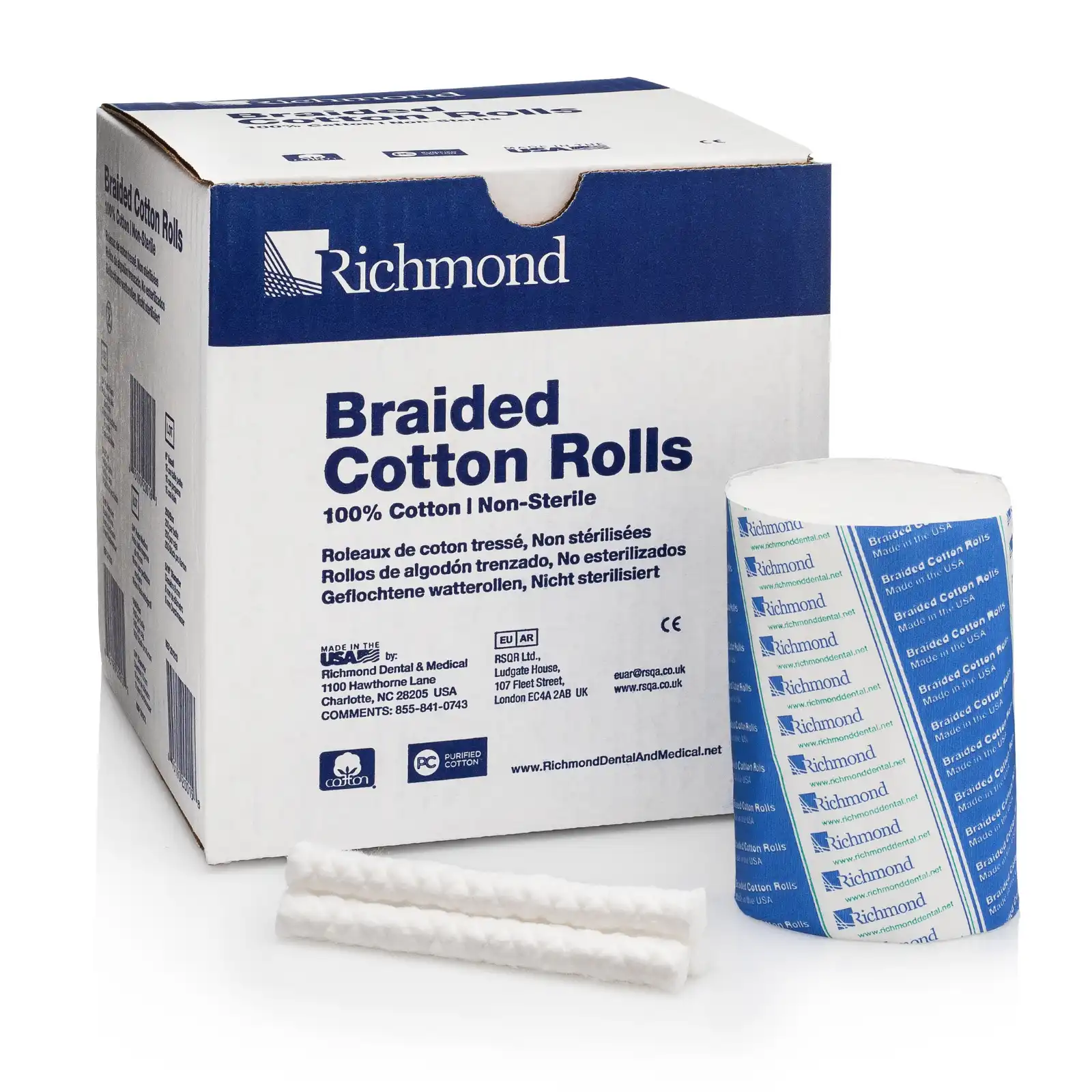 Richmond Braided Cotton Rolls, Medium, 3/8" x 4", Non-Sterile, 250/Box, 201226