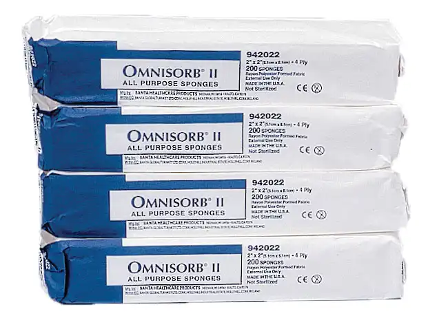 Omnisorb II Non-Woven Sponges, Non-Sterile, 4-Ply, 2" x 2", 5000/Case, 942022