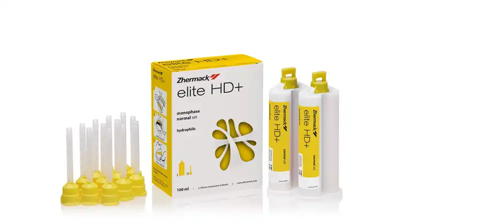 Elite HD+ Monophase VPS Impression Material, Regular Set, 2 x 50 ml Cartridges, Yellow, 12 Mixing Tips, C202020