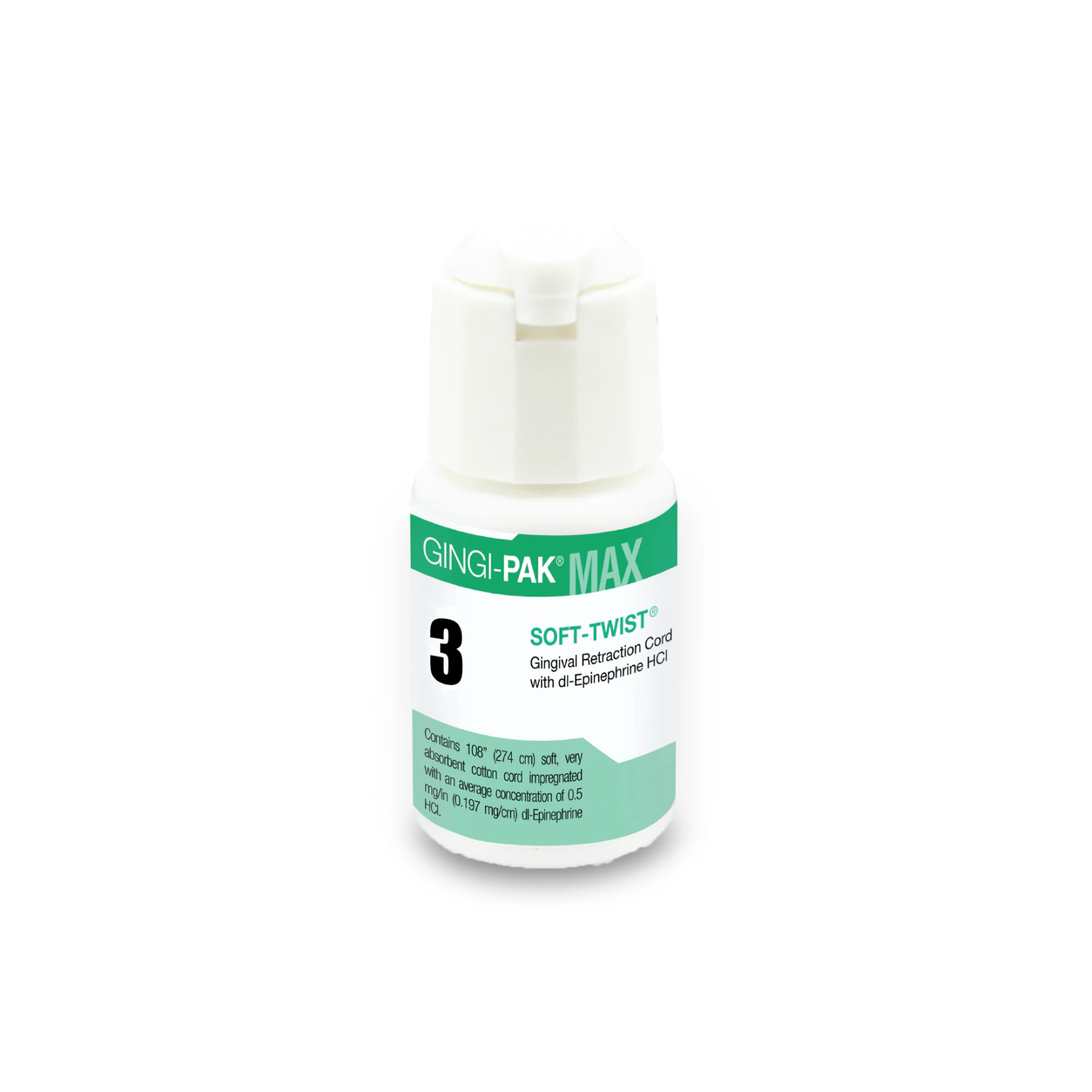 Gingi-Pak MAX Soft-Twist Retraction Cord with Epinephrine, Size #3 (Thick), 100% Cotton, 108", 10115M