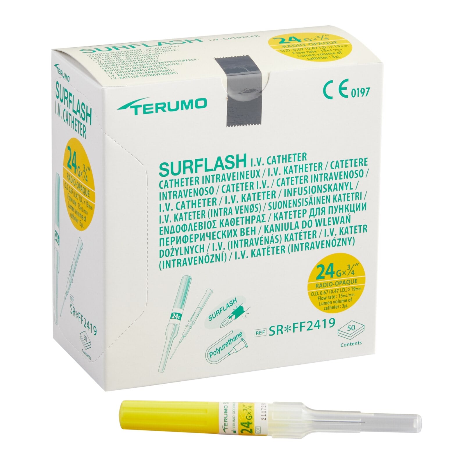 Terumo SurFlash Polyurethane IV Catheter, 24G x 3/4", Yellow, 50/Box x 4/Case, 1SR*FF2419
