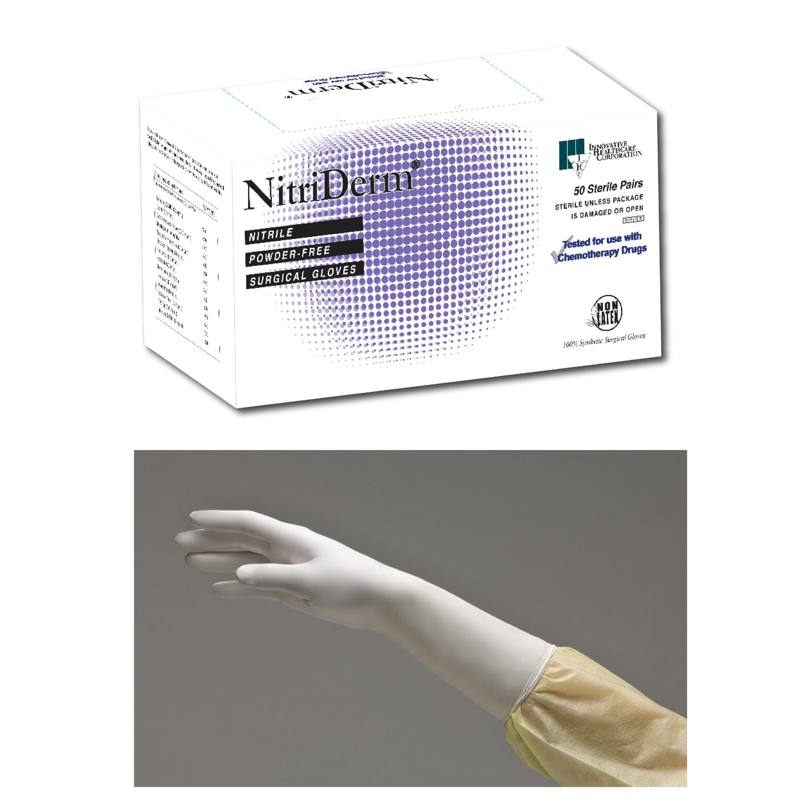 NitriDerm® Nitrile Surgical Gloves, Sterile, Powder Free, Fitted, Size 6.5, White, Textured, 50 Pairs/Box, 135265