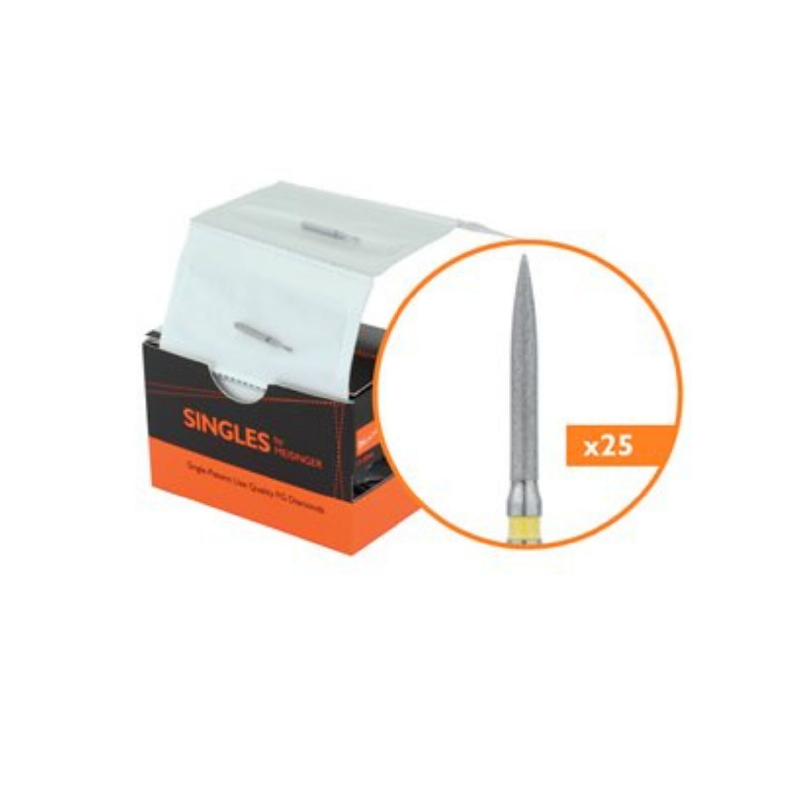 Meisinger Singles Disposable Diamond Bur, FG, Long Flame, Extra Fine, 1.2mm Diameter, 10mm Length, Yellow, #3512.10VF, 25/Pk
