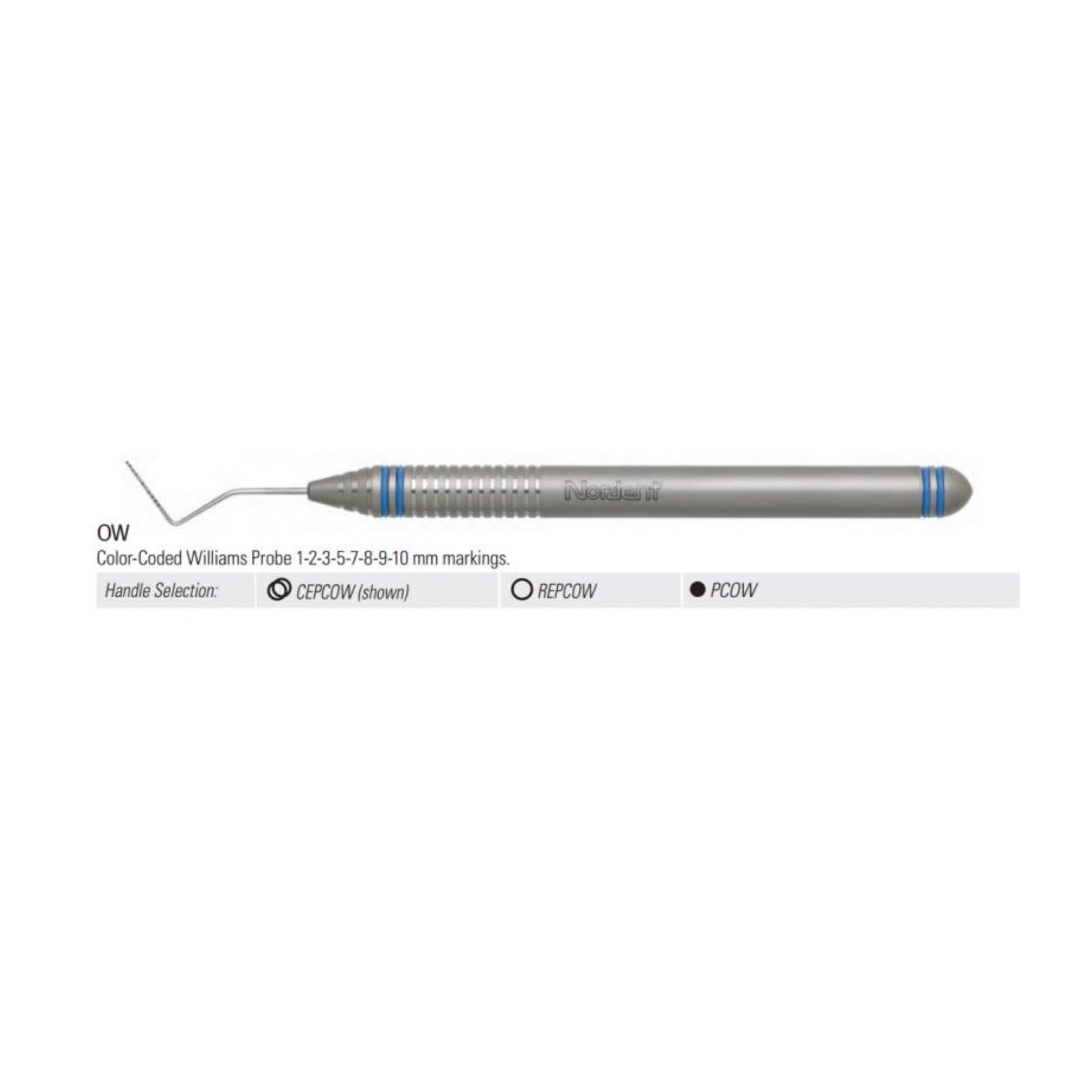 Nordent Williams Single-Ended Color Coded Periodontal Probe, 1-2-3-5-7-8-9-10mm, DuraLite ColorRings, Stainless Steel