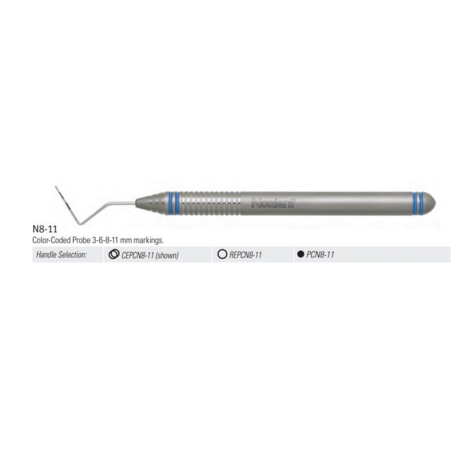 Nordent Color Coded Single-Ended Periodontal Probe #N8-11, 3-6-8-11 mm Markings, DuraLite ColorRings Handle
