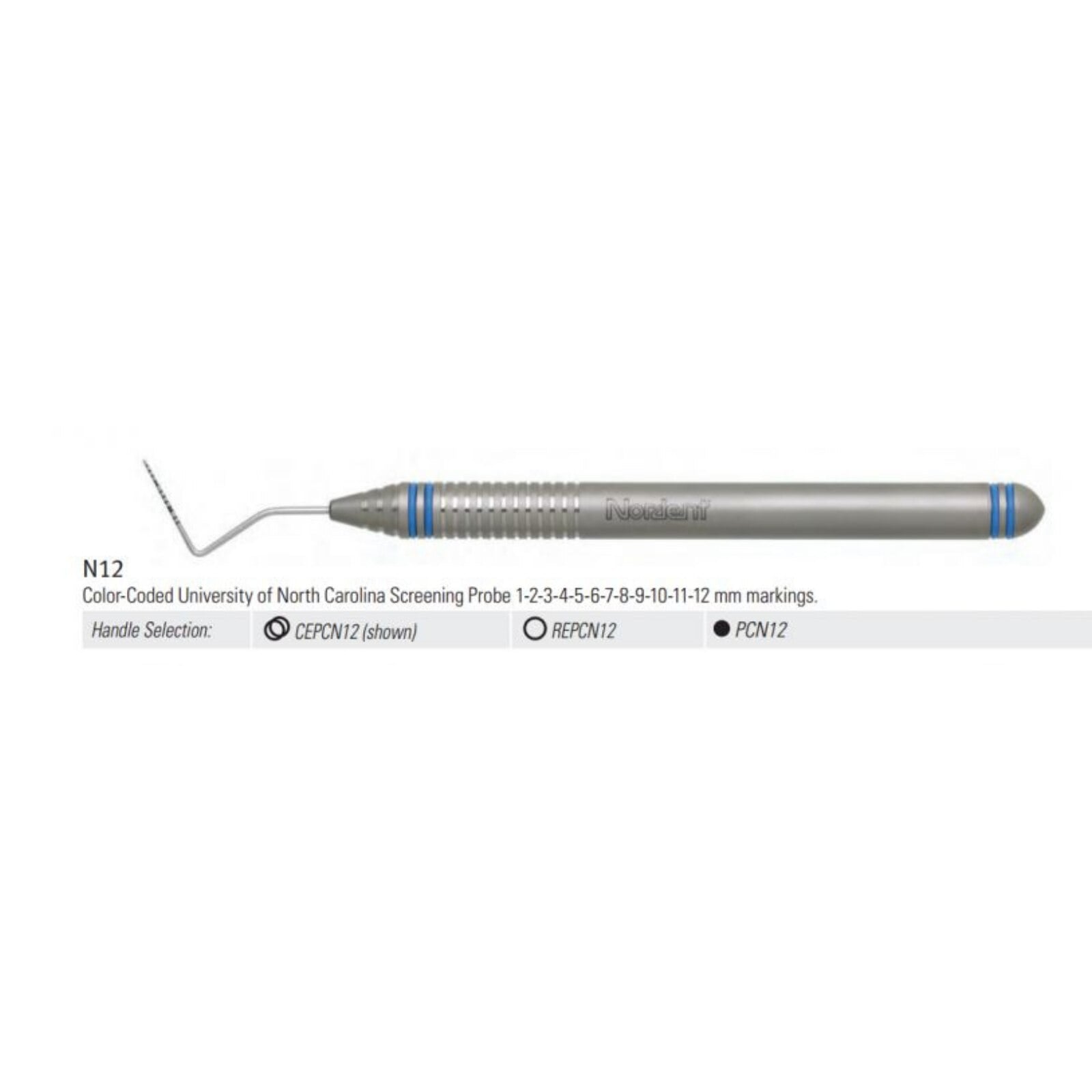 Nordent UNC #12 Periodontal Probe, Single-End, Color-Coded 1-12 mm, DuraLite Round Handle, N12