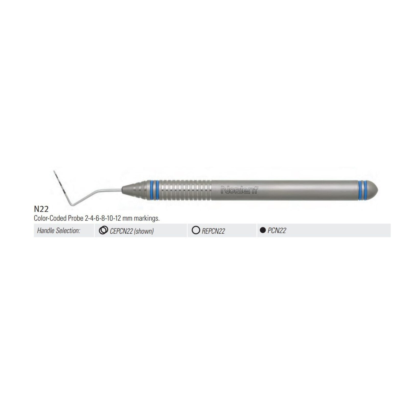 Nordent #N22 Single-Ended Periodontal Probe, Color-Coded 2-4-6-8-10-12 mm, DuraLite ColorRings Handle