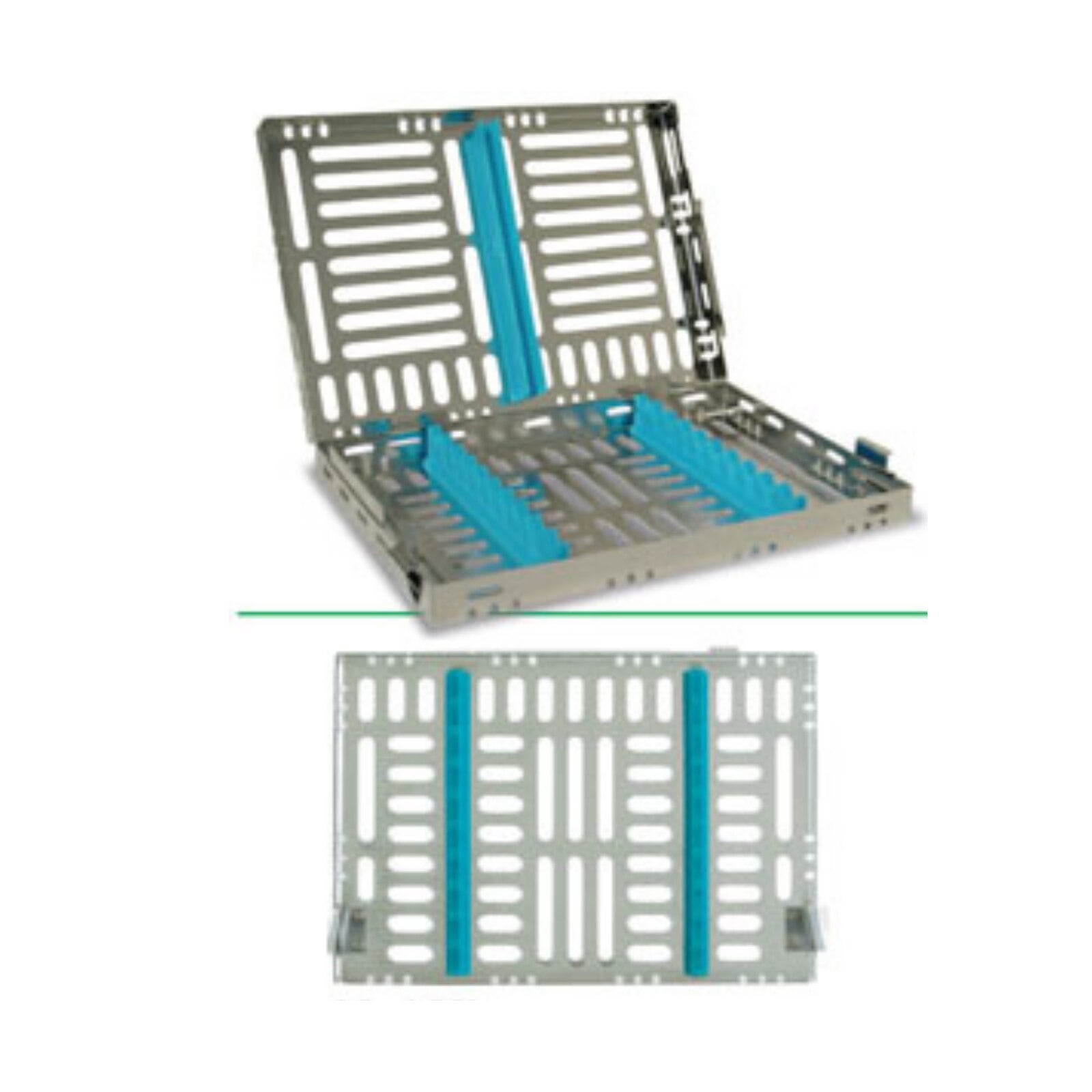 Nordent Sterilization Cassette, Stainless Steel, Easy-open, Side Spring Latches, Medium, 5 Instruments with Divider, Teal
