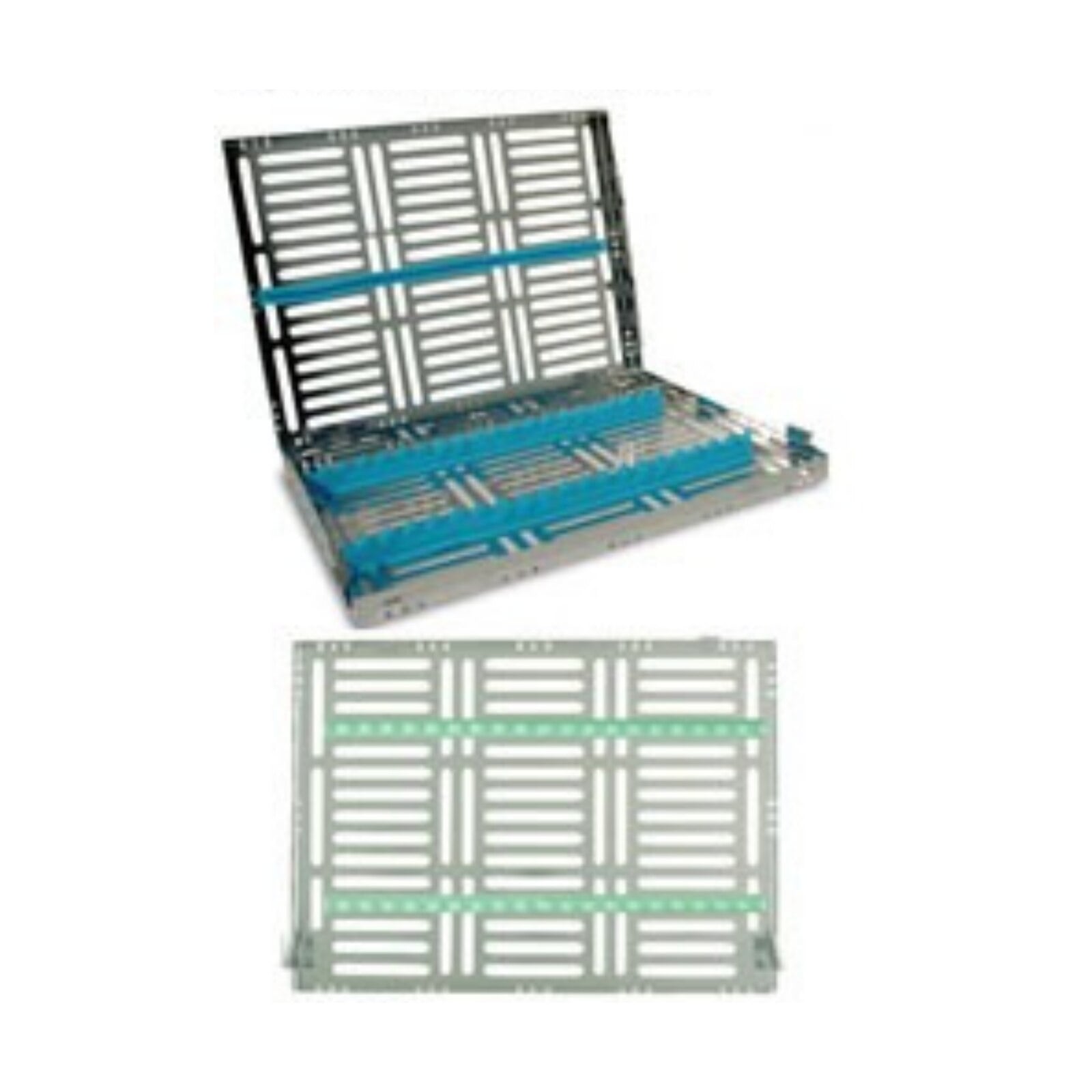 Nordent Large Single-Sided Sterilization Cassette, 15 Instruments with Divider, Teal, Stainless Steel, 8"W x 11"L x 1.25"H