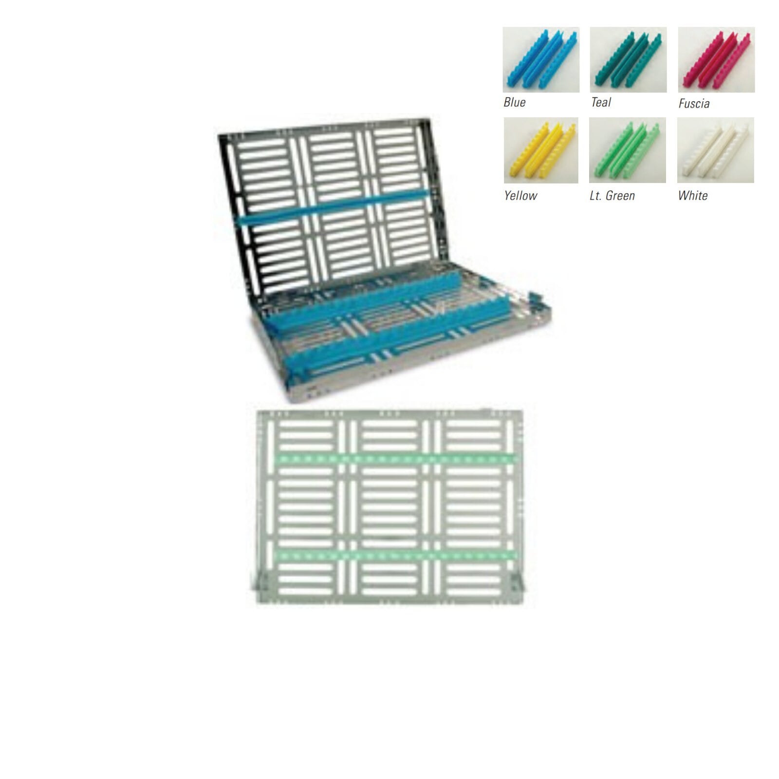 Nordent Sterilization Cassette, Large, 16 Instrument Capacity, Stainless Steel, Honeydew Green, Single-Sided with Divider, 8"W x 11"L x 1.25"H