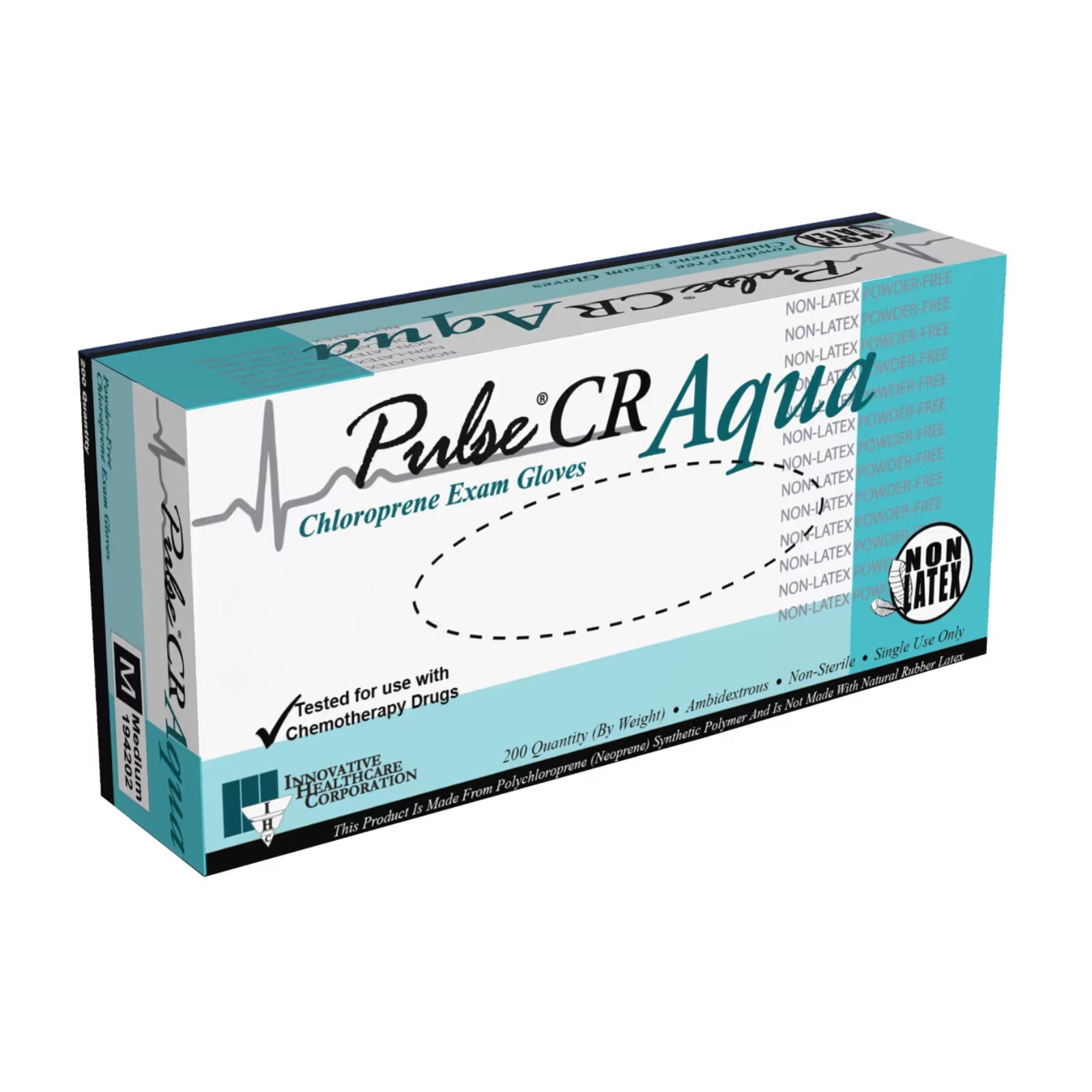 Pulse® CR Chloroprene Exam Gloves, Powder-Free, Non-Sterile, Textured, Aqua, Small, 200/Box, 194102