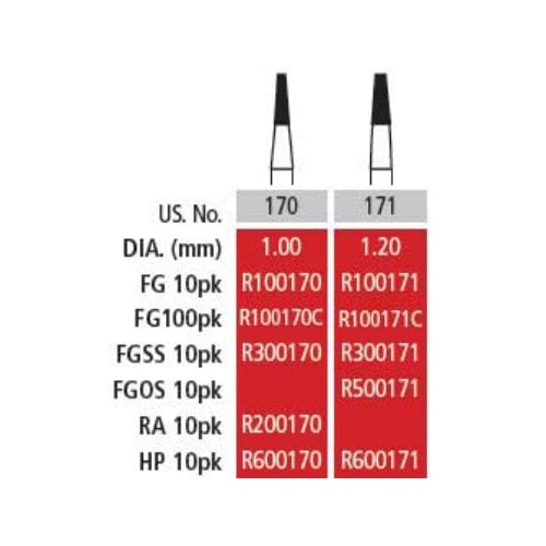 Alpen Carbide Bur FG #171 Tapered Fissure, Friction Grip, 1.2 mm Diameter, 100/Pk