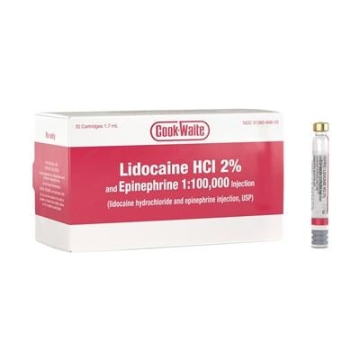 Cook-Waite Lidocaine HCl 2% & Epinephrine 1:100,000 Injection, 50 Cartridges/Box, 99167