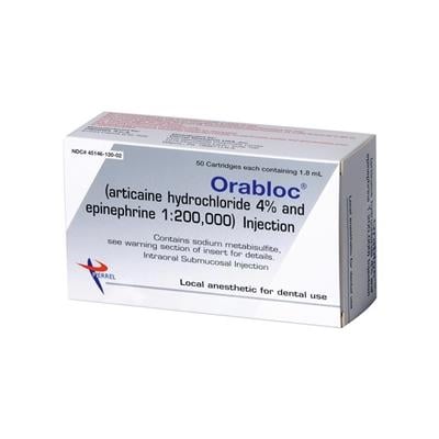 Orabloc Articaine HCl 4% with Epinephrine 1:200,000 Injection Cartridges, 1.8 ml, 50/Box, 2101052