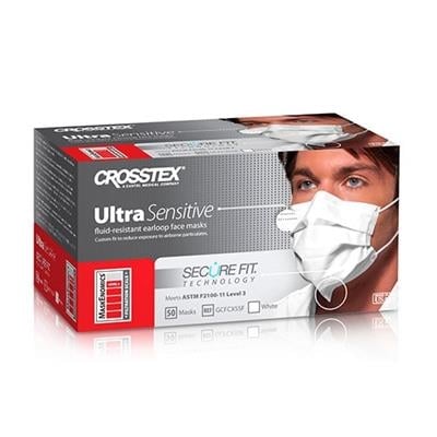 Crosstex Ultra Sensitive SecureFit Earloop Mask, ASTM Level 3, White, 50/Box, GCFCXSSF