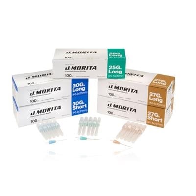 J. Morita Disposable Dental Needles, 25 Gauge Long (30mm), Plastic Hub, Bevel Indicator, Red, 100/Box, 20-25GL