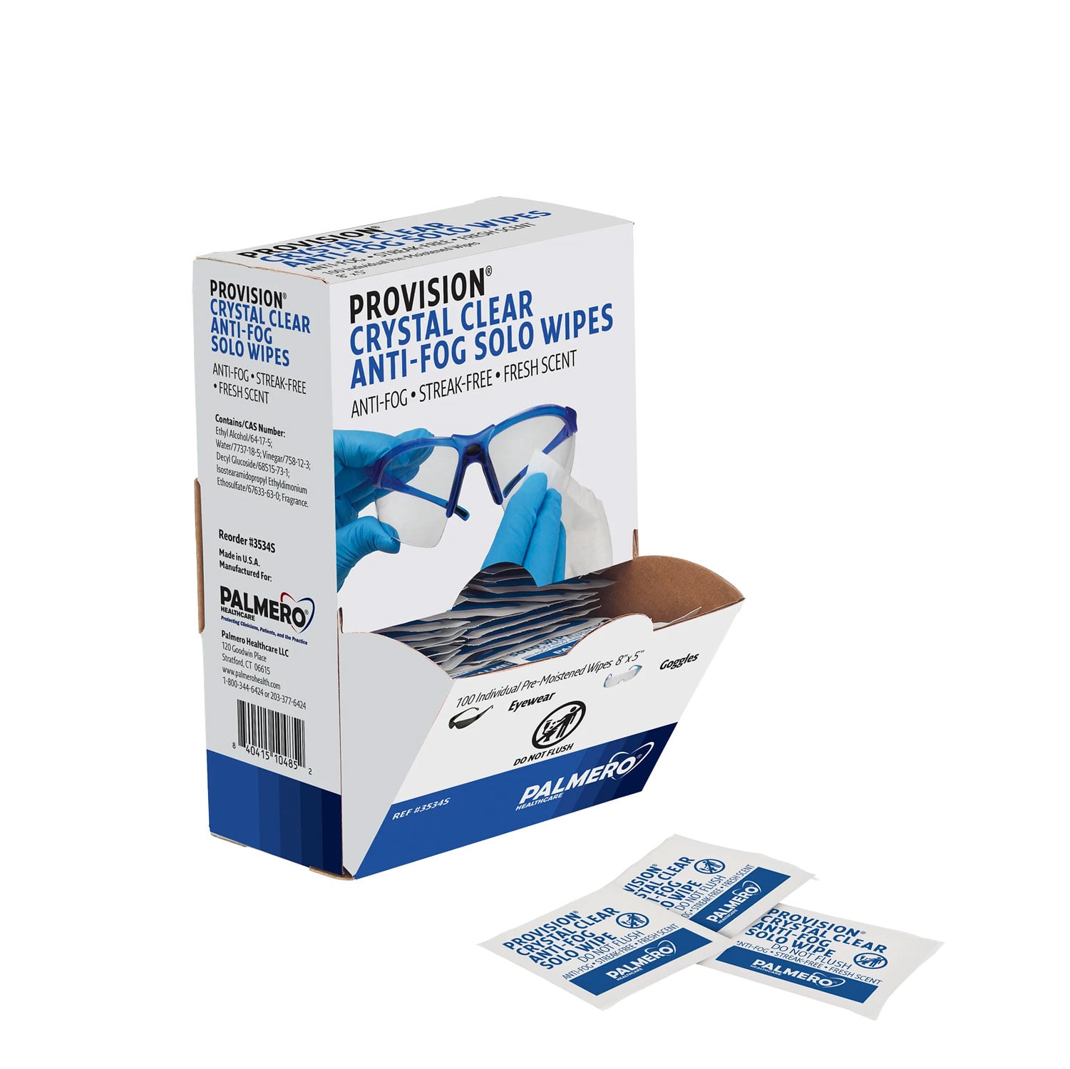 ProVision Crystal Clear Anti-Fog Solo Wipes, 8" x 5", 100/Box