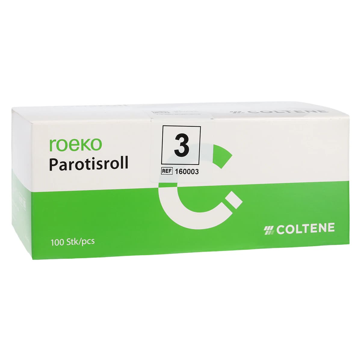 Roeko Parotisroll #3 Dental Cotton Rolls, Non-Sterile, with Plastic Rod, 3/8" x 4", 100/Box, 160003 - Roeko Parotisroll #3 (.375in x 4in) Non-Sterile Cotton Rolls With Plastic Rod Pack of 100 - Image 1