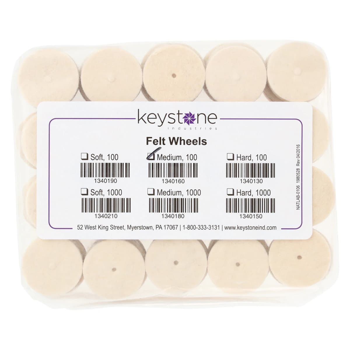 Keystone Felt Wheels, Medium, 1" x 3/16", Pin Hole Center, 100/Box, #1340160 - Medium Felt Wheels Pack of 100 - Image 1