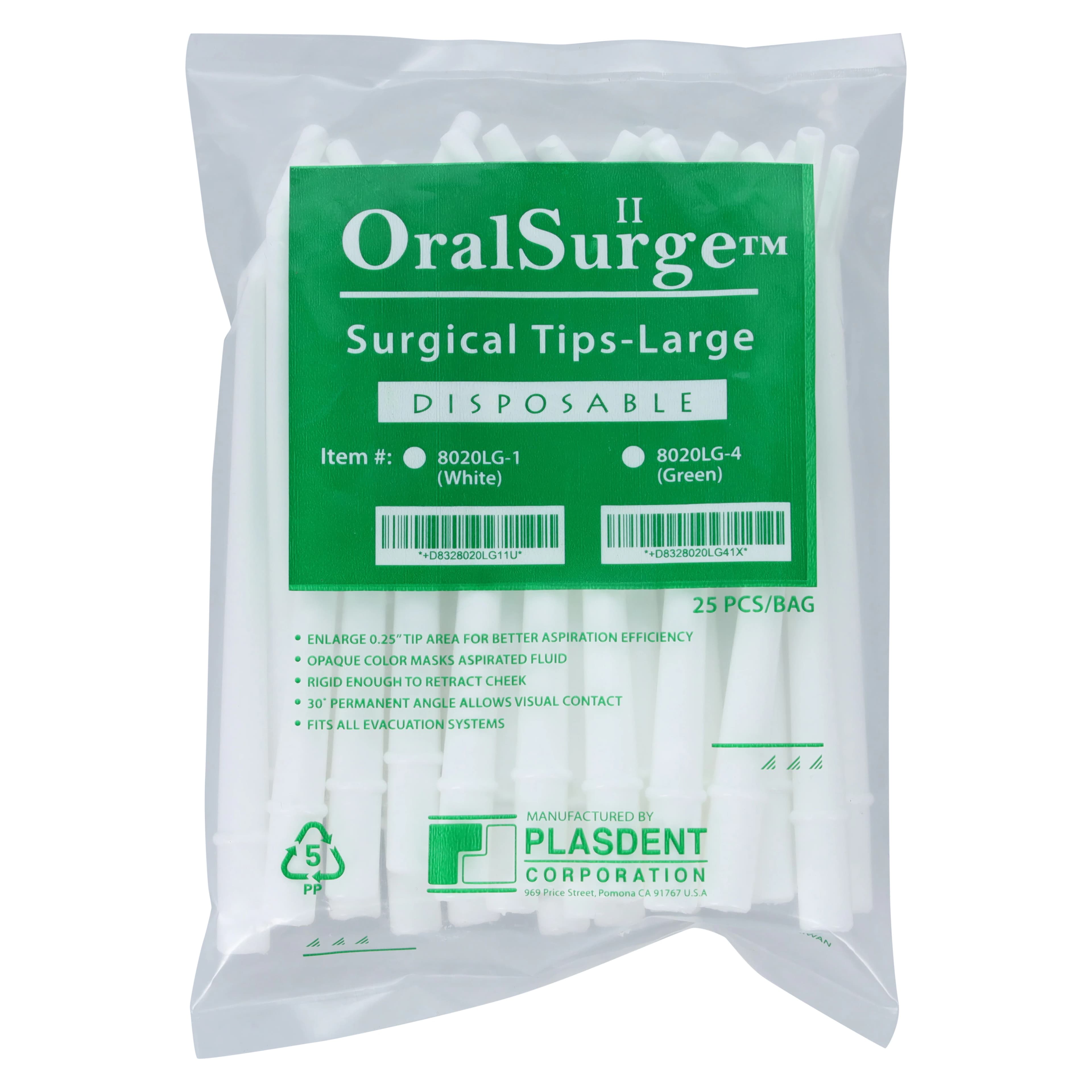 Plasdent OralSurge II Disposable Surgical Aspirator Tips, 1/4" Orifice, 30-Degree Angled, White, 25/Pk, 8020LG-1 - OralSurge II Disposable Surgical Aspirator Tips, Plastic, 1/4", White, 25/Pk, 8020LG-1 - Image 1