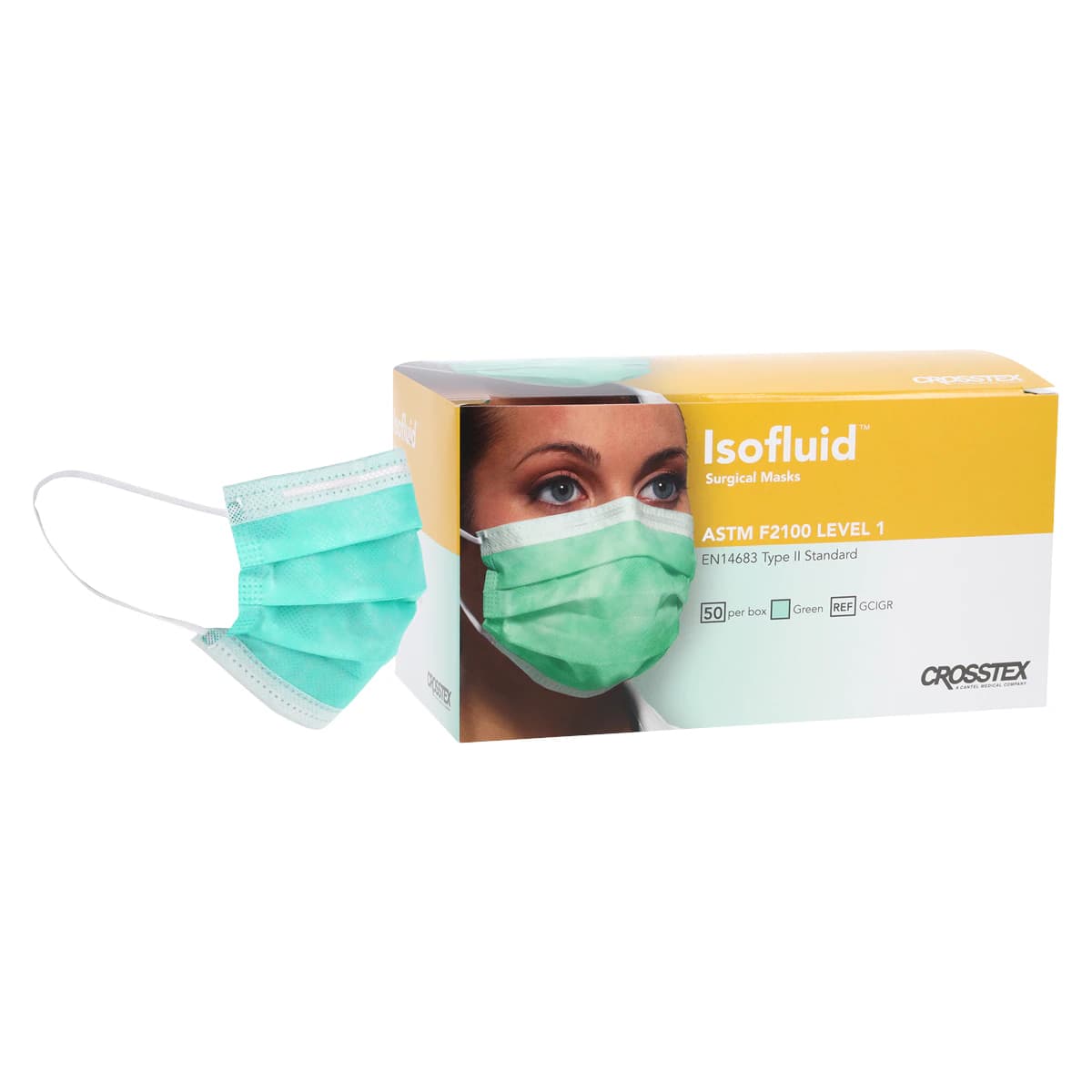 Isofluid™ Surgical Earloop Face Mask, ASTM Level 1, Green, Latex-Free, 50/Box, GCIGR - Isofluid™ Surgical Face Mask ASTM Level 1 Green Box of 50 - Image 1