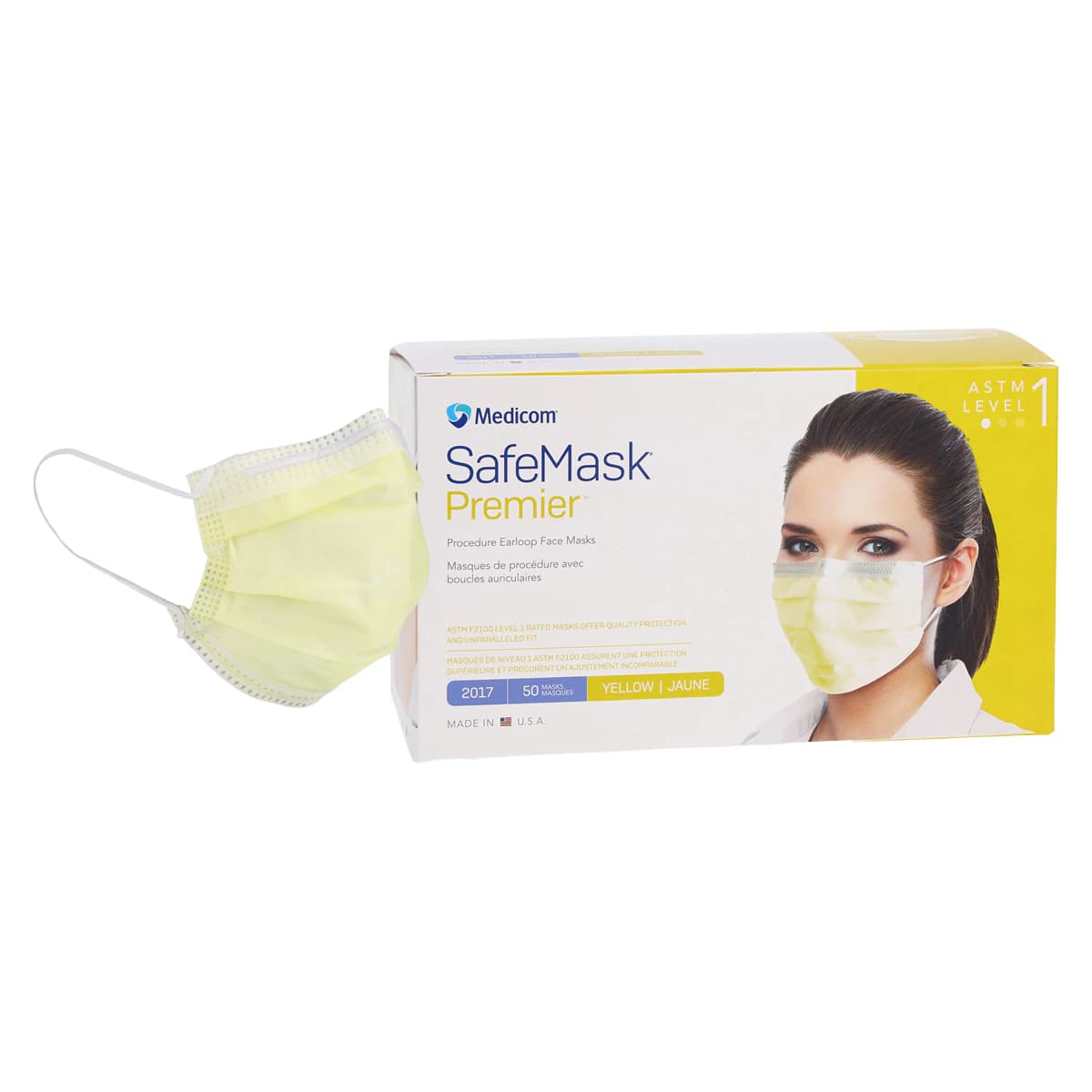 SafeMask® Premier™ Procedure Face Mask, ASTM Level 1, Ear Loop, Yellow, 50/Box - SafeMask® Premier™ Procedure Face Mask ASTM Level 1 Yellow Box of 50 - Image 1